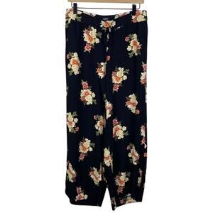 LOFT Black Floral Wide Leg Pants Women's Size S Boho Flowy Cropped Drawstring
